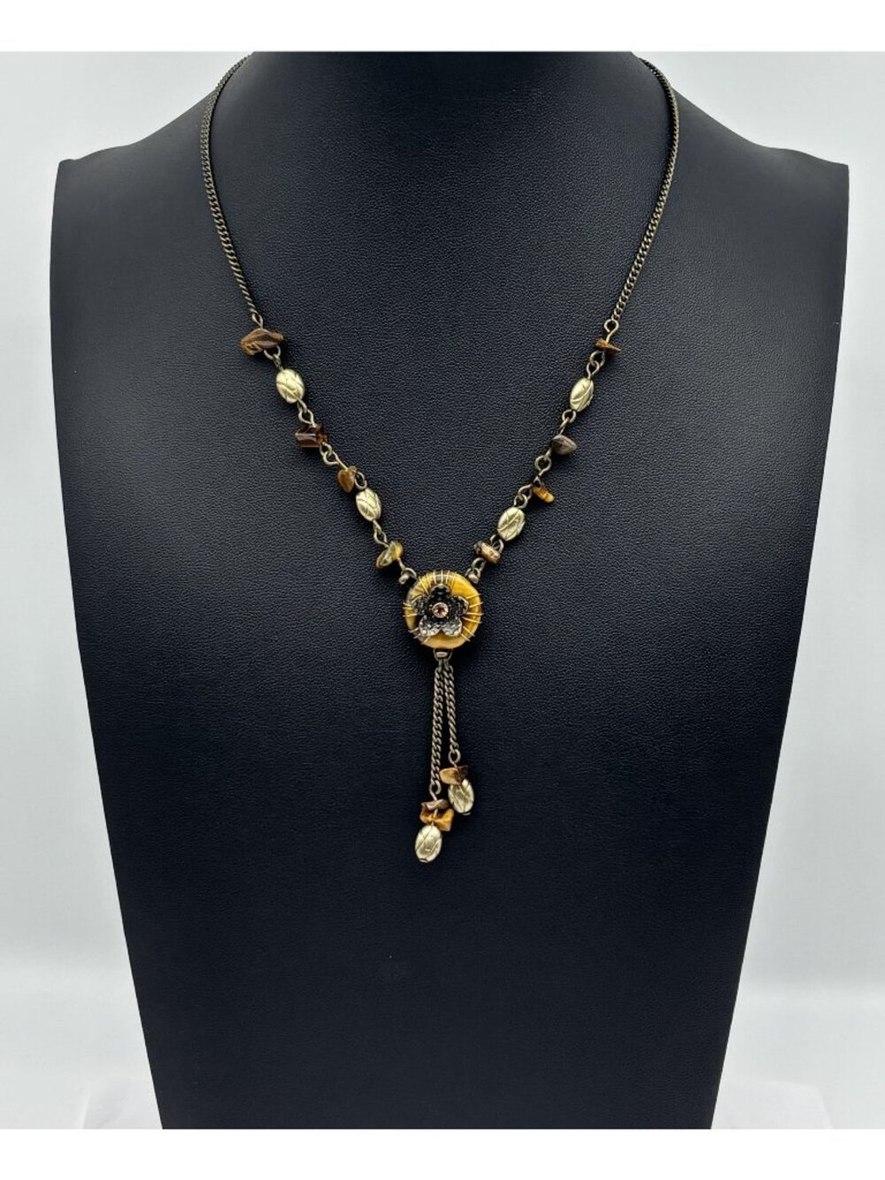 Vintage Avon NR Tiger's Eye Rhinestone Floral Lavaliere Y Drop Tassel Necklace